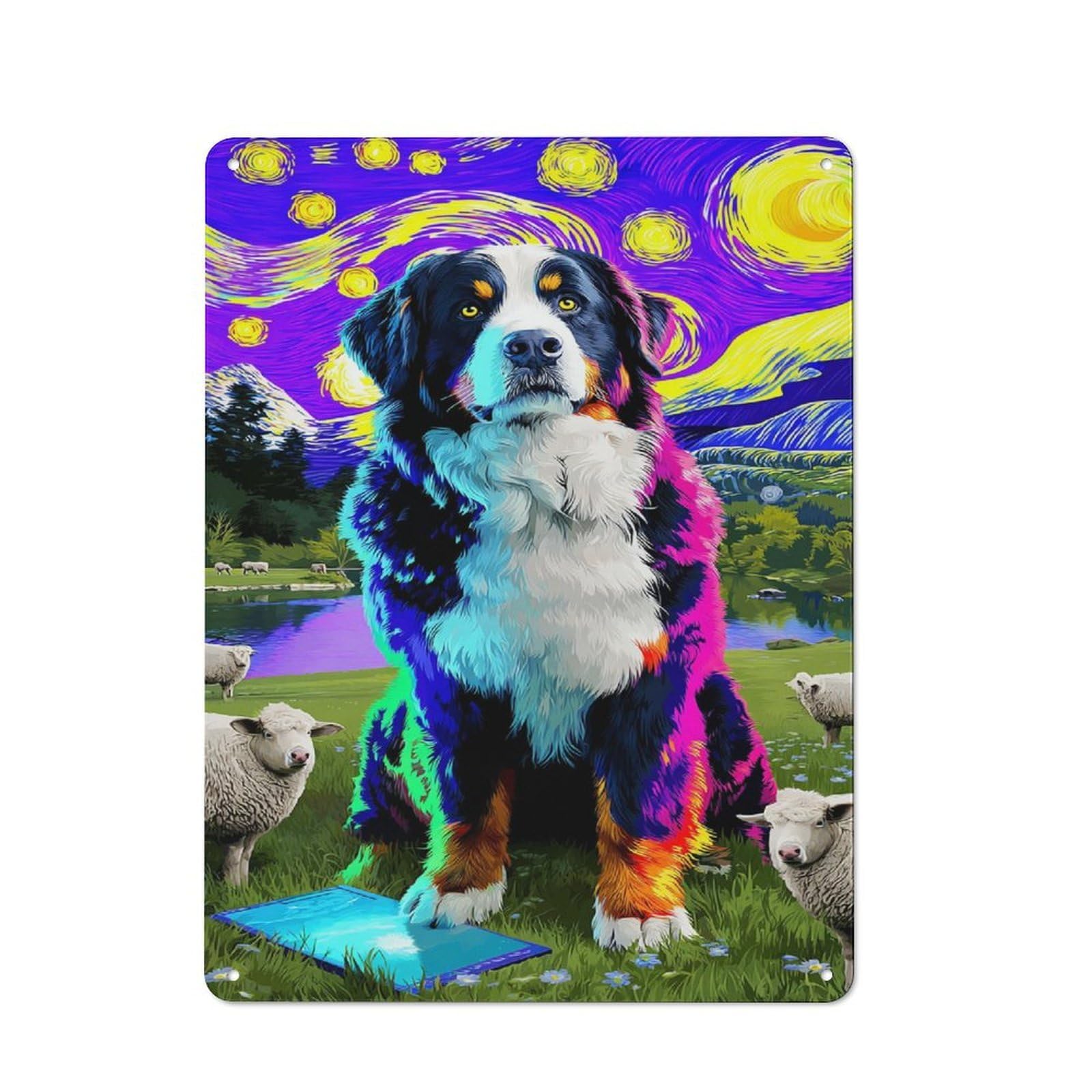 Junmoney Starry Night Dog With Sheep Decorative Tin Plaque 40X30cm, Vintage Bar Wall Plaque For Bar, Kitchen, Garage Or Games Room