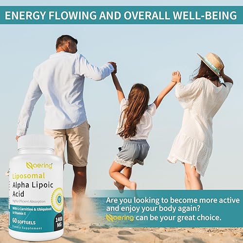 Miniatura 7 de Cápsulas blandas de ácido alfa liposomal de 1400 mg, suplemento ALA con L-carnitina 1000 mg, ubiquinol (CoQ10 activa) 100 mg y vitamina E 10 mg,