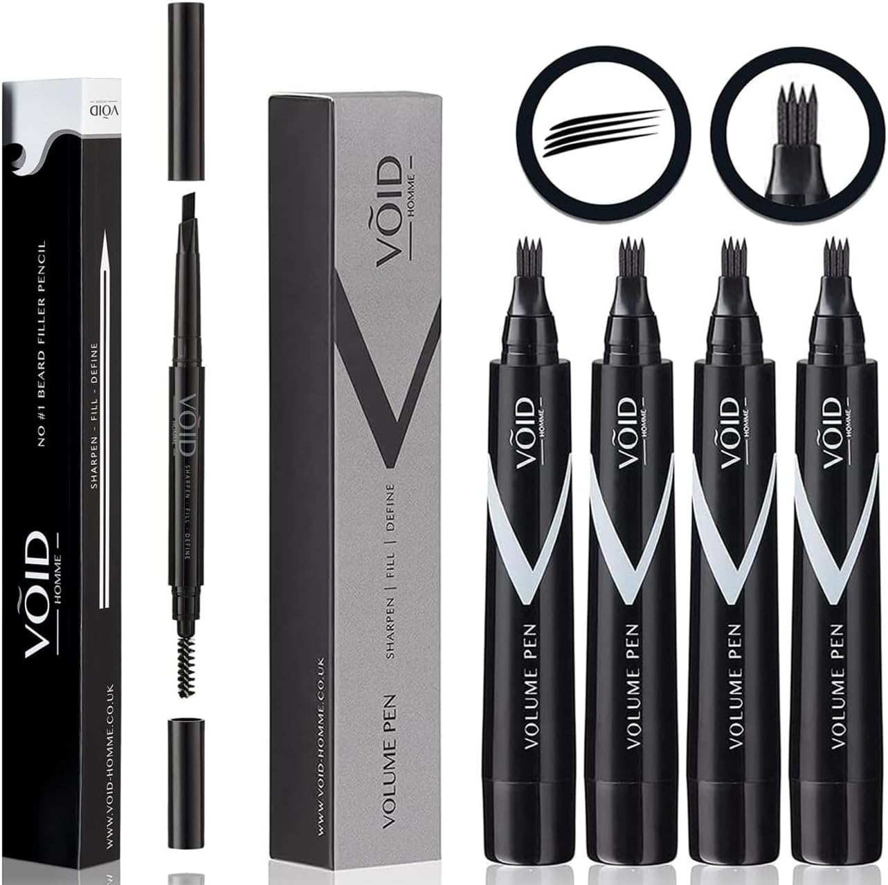 VOID Homme Beard Pen Filler for Men (Pack of 4) with Beard Pencil, Easy Beard Pen Liner, Beard Filler Pen for Beard Filling Pen Kit & Beard Marker, Waterproof Pen (Black)
