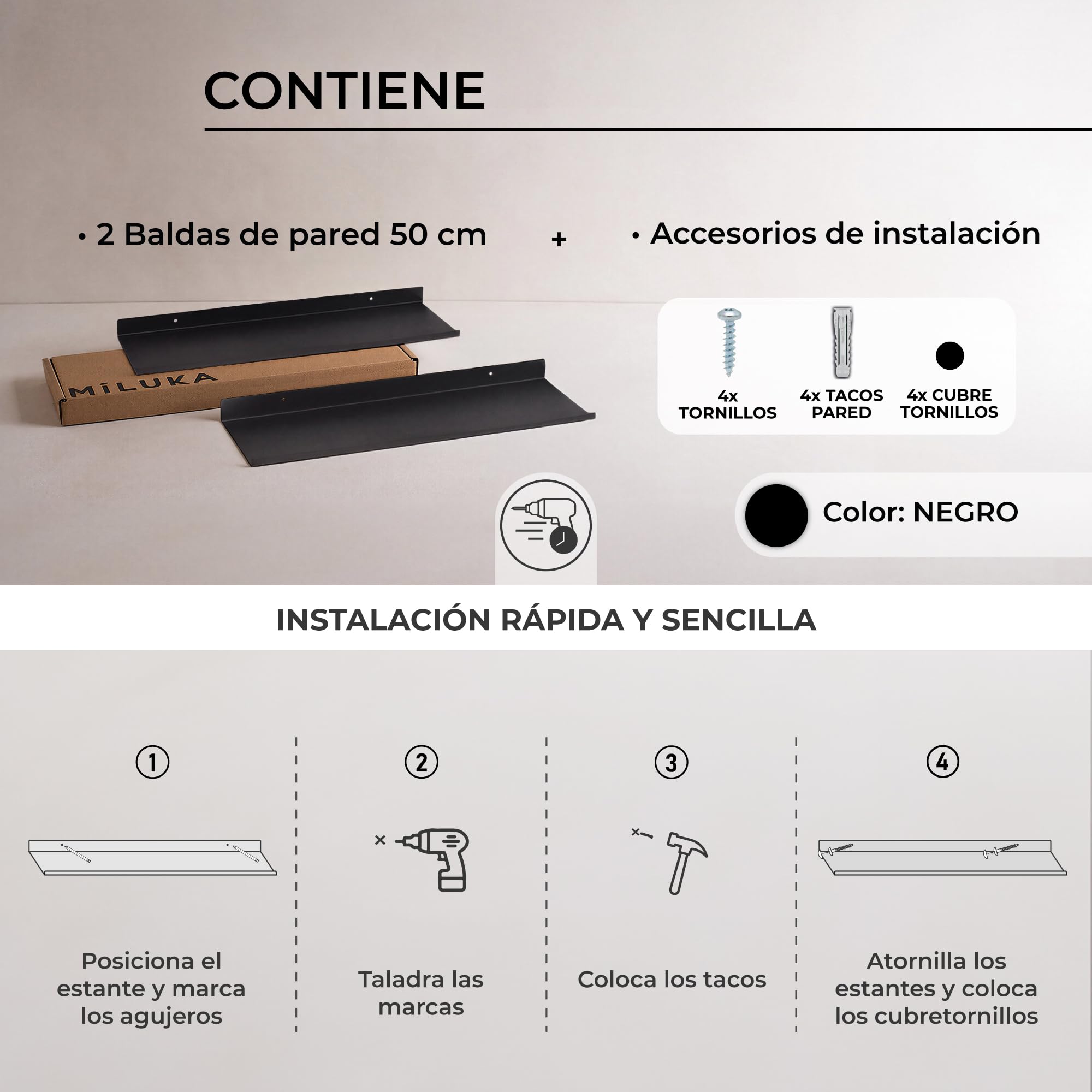 MILUKA Estanteria Pared con 2 Baldas Flotantes 50 x 15 cm, Metal Negro Mate | Repisas de pared para libros, organizar y decorar salon, Lejas para habitación, Estanteria para cocina, baño, y oficina