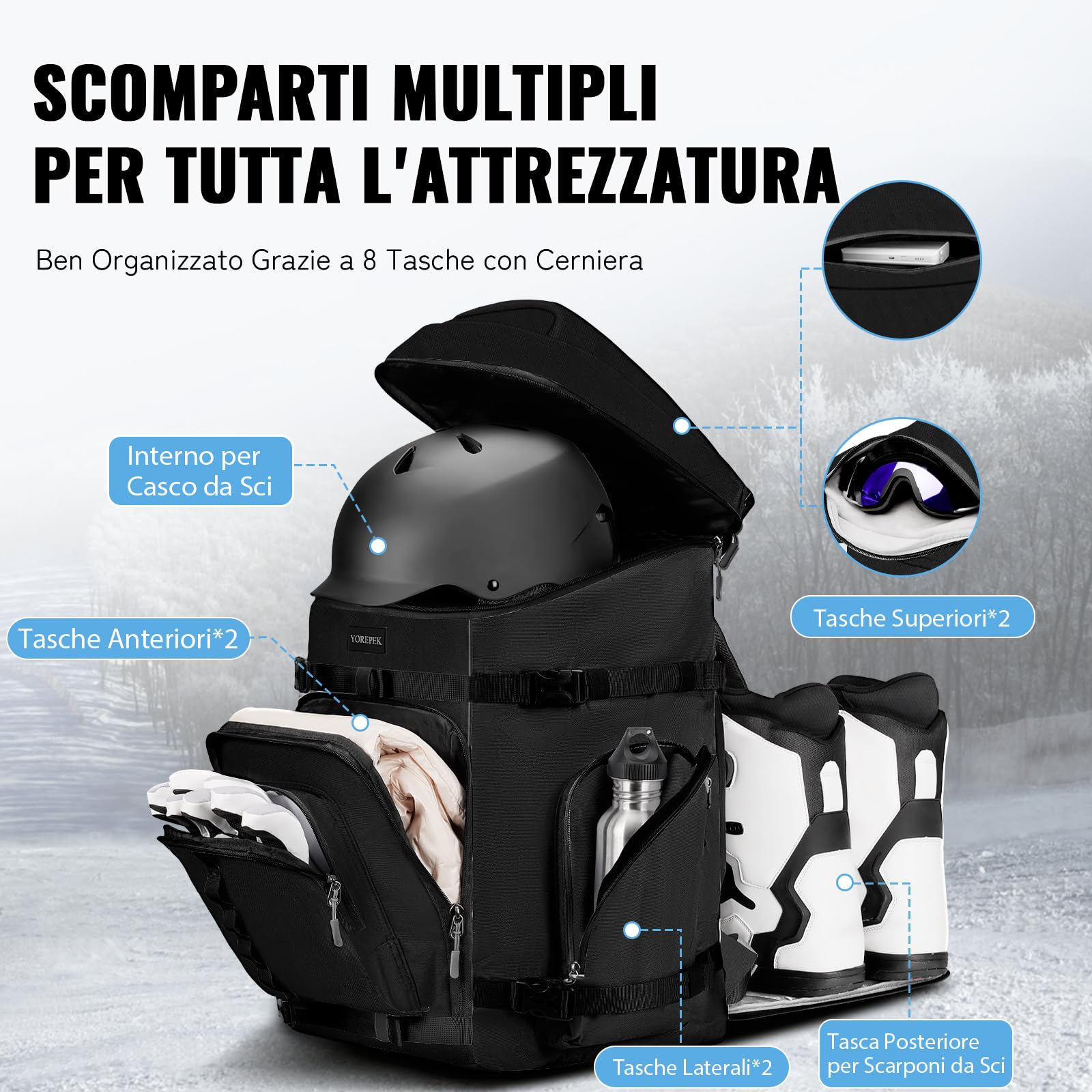 YOREPEK Zaino Porta Scarponi Sci, Impermeabile Sacca Porta Scarponi da Sci e Casco, 65L, Grande Zaino Snowboard con 8 Scomparti Separati per Casco, Occhiali, Guanti, Giacca, Attrezzatura Sciistica