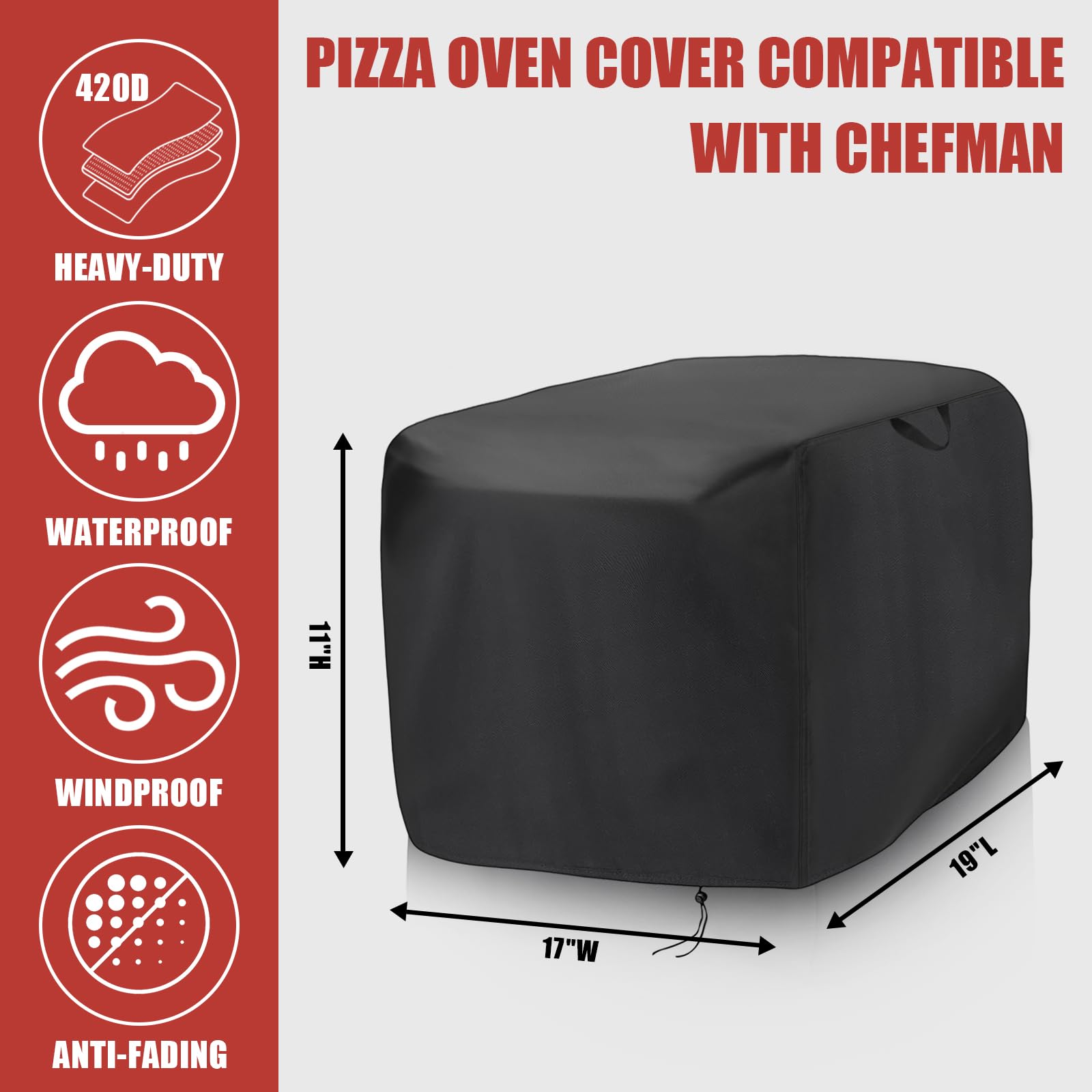 CHEFMAN - Cubierta para horno de pizza para interior y exterior, impermeable, para horno de pizza de 12 pulgadas, para interiores y exteriores, 19 pulgadas de largo x 17 pulgadas de ancho x 11 5