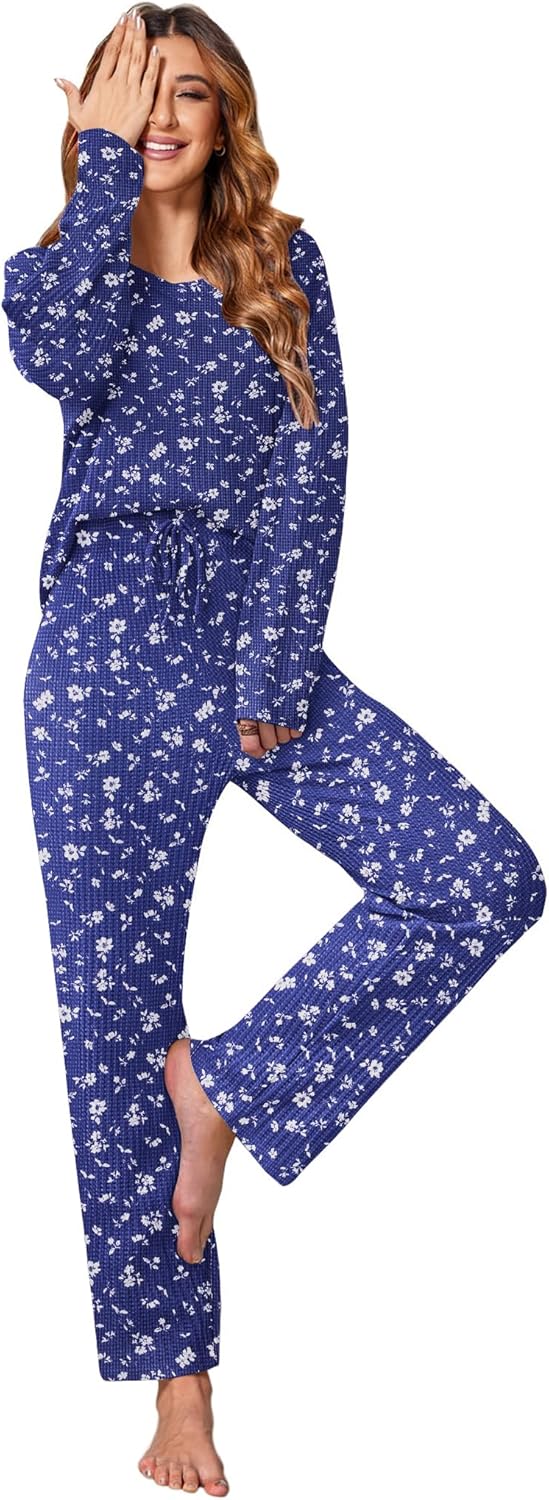 Ekouaer Women's Waffle Knit Pajama Sets Comfy Long Sleeve Lounge Sets 2 Piece Matching Pj Sets with Pockets