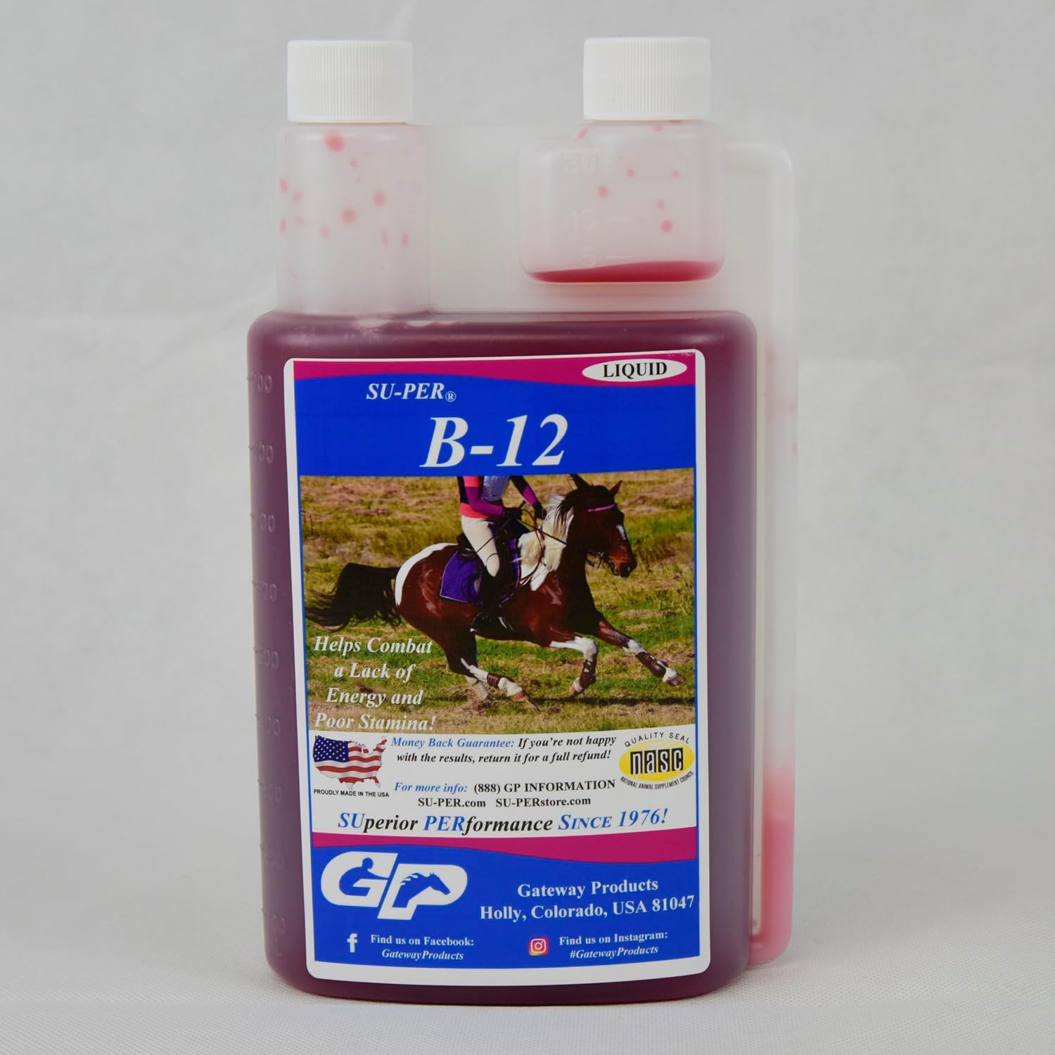 SU-PER B-12 Energy Horse Supplement - Equine Vitamins B-12 & B-9 Folic Acid Support Liquid - Red Blood Cell Production & Stamina Support for Peak Performance - Gallon, 4 Month Supply (120 Days)