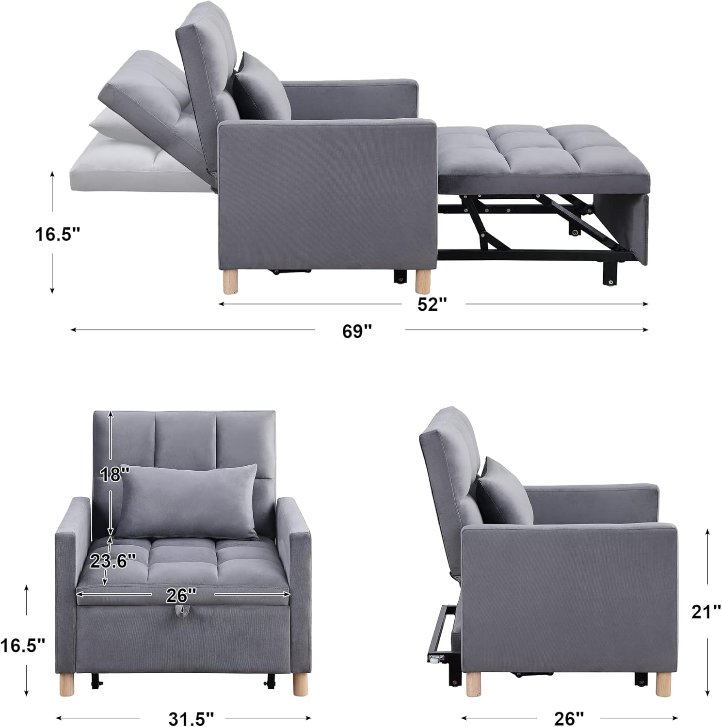 Generic 3-in-1 Convertible Sofa Bed, Sleeper Chair Bed Pull Out Chair Bed, Sofa Bed with Adjustable Backrest, Single Sleeper Sofa Comfy Chair for Living Room Apartment for Living Room Bedroom (Grey)