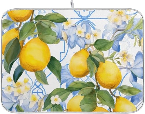Tapete de secado de platos de acuarela, limones y flores, de 16 x 18 pulgadas, de microfibra, reversible, para secar platos, accesorios de cocina