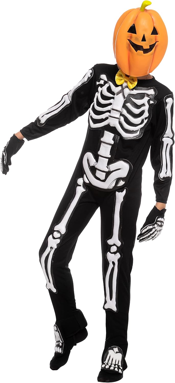 Miniatura 3 de Spooktacular Creations Disfraz de esqueleto aterrador de cabeza de calabaza para niños disfraz de esqueleto y máscara de calabaza para niños