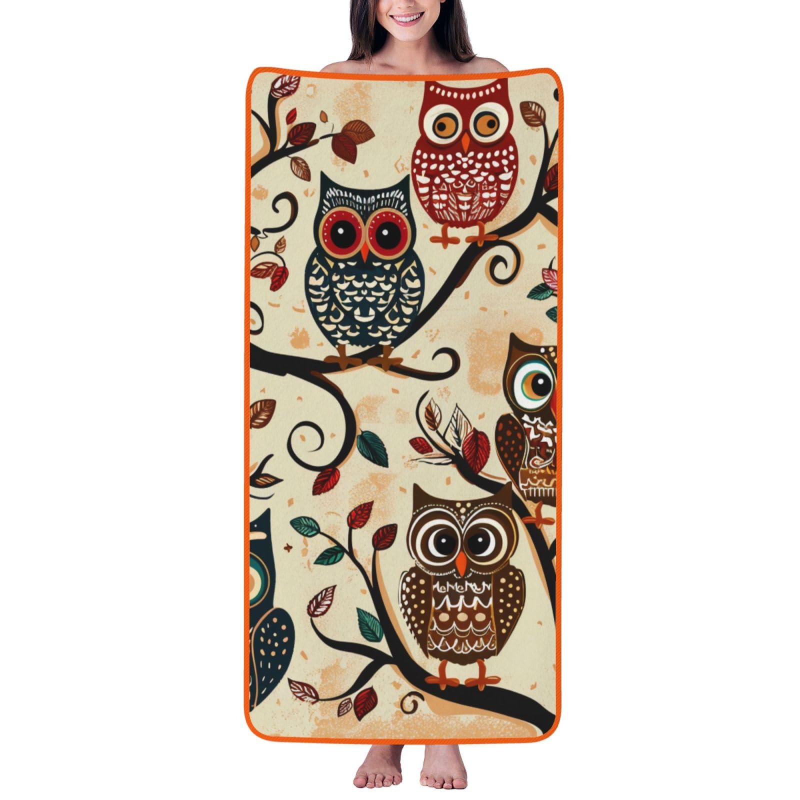 WPKJU Owls on Tree Branches Printed Bath Towel with Orange Edging - 27x55 in Soft Extra Absorbent Coral Velvet Shower Towels for Bathroom