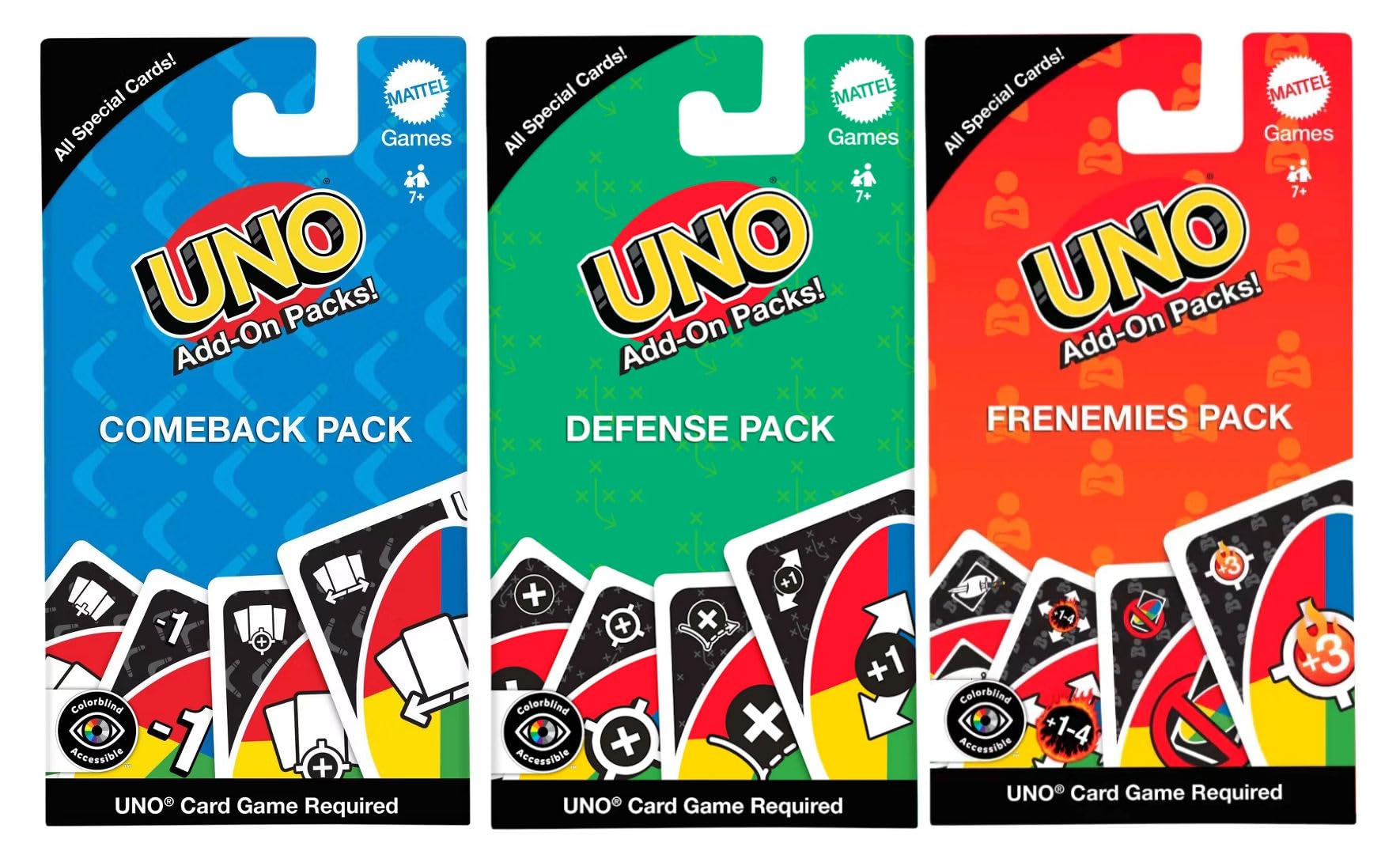 Mattel Paquetes adicionales UNO, paquete de regreso, defensa y enemigos, todas las tarjetas especiales, a partir de 7 años