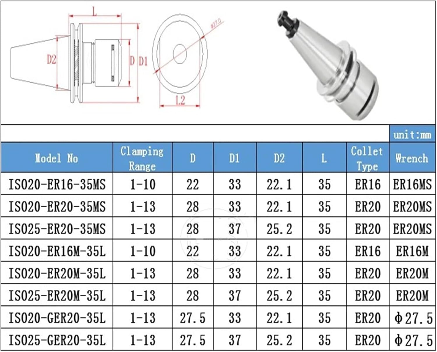 ISO20 Tool Holder 0.002 ISO25 ER16 ER20 GER20 35L Collet Chuck Spindle CNC Machine milling Tools(ISO20-ER20-35MS)