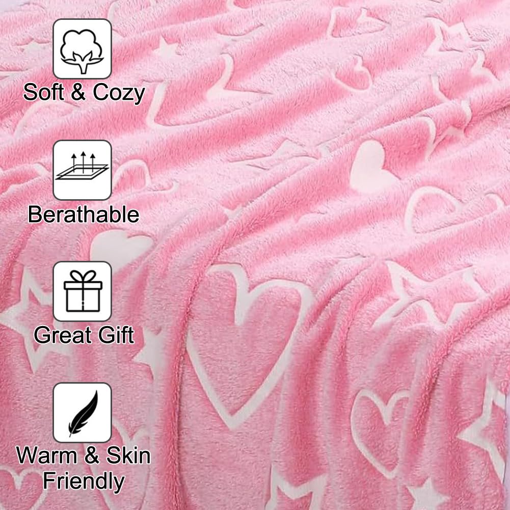 Coperta pile luminosa bambini - 150 x 130 cm coperta che si illumina al buio, coperte regali per Natale, compleanno, Pasqua(cuori rosa)