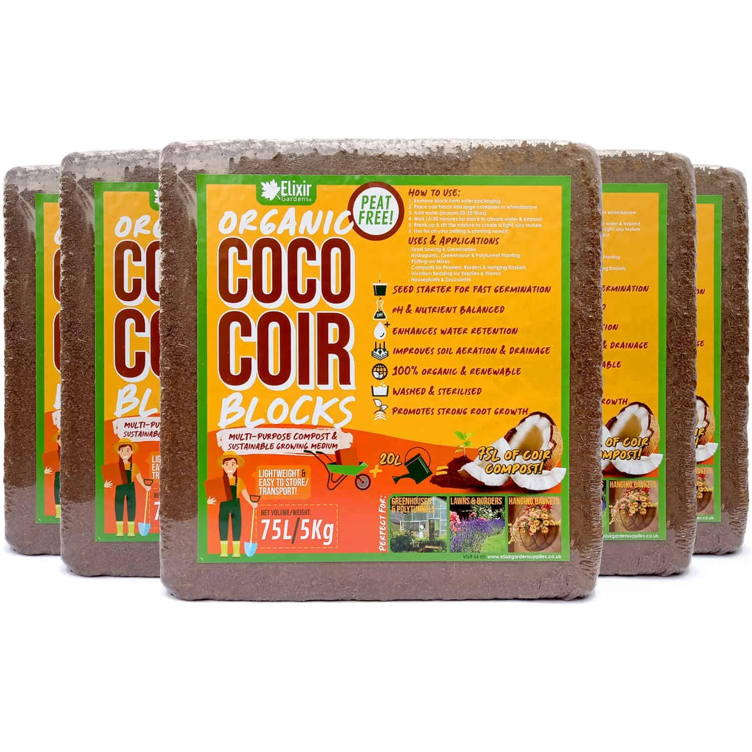Elixir Gardens 5 x 75 Litre Organic Coco Coir Compost Block/Brick Pre-Washed Low EC | 100% Natural Peat-Free Growing Medium/Potting Soil & Reptile Bedding