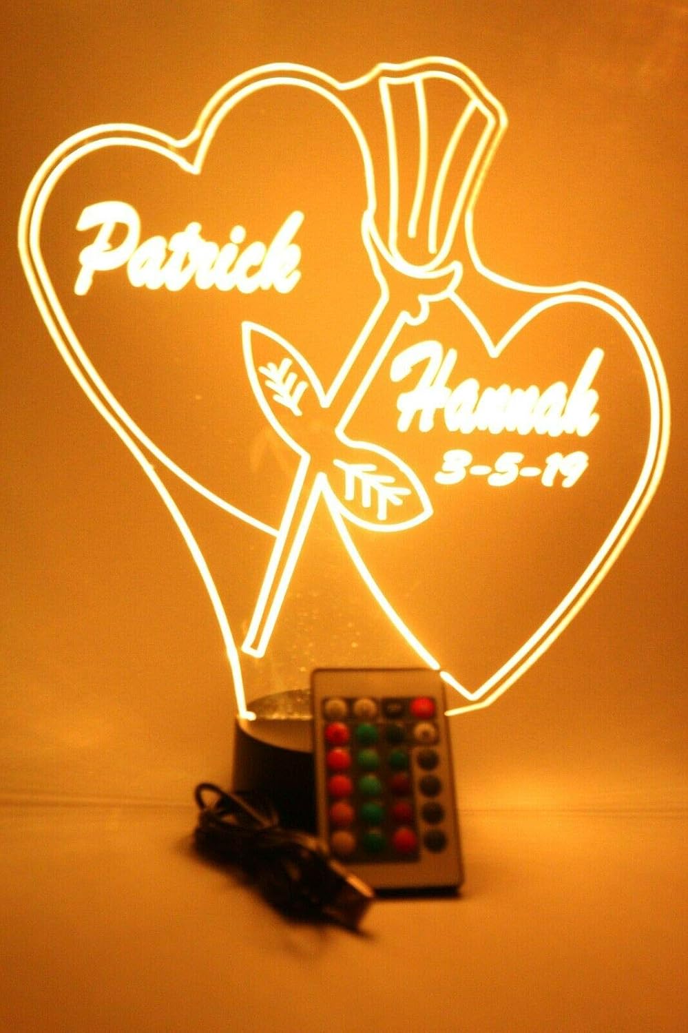 Couple Love Double Hearts With Rose Night Light Up LED Free Engraved Custom Name Personalized Table Lamp Room Decor With Remote, 16 Color Options, Dimmer, It's WOW, Great Valentine's Day Gift