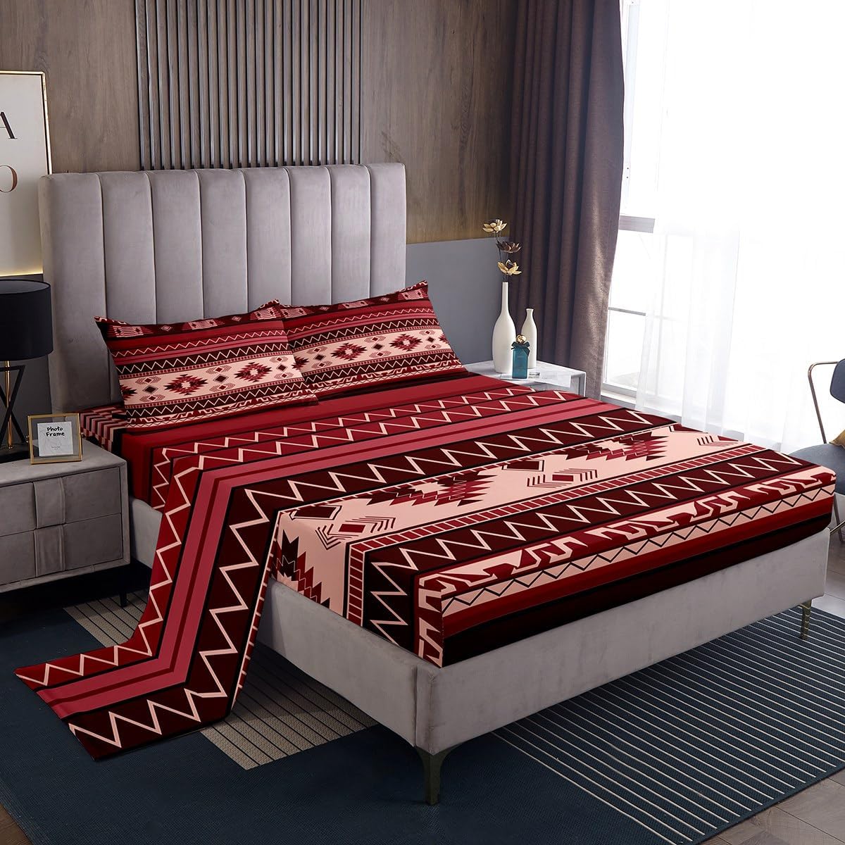 jejeloiu Boho Fitted Sheet Twin Size Kids Southwestern Native Aztec Bedding Set for Boys Girls Teens Southwest Native American Design Bed Sheets Set Wine Red