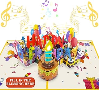Birthday Cards, Musical Birthday Cards with Lights and Music, Blow Out Candles 3D Birthday Pop Up Cards, Blow Out LED Light Candles - Play the hit song "Happy Birthday" (Yellow) (yellow)