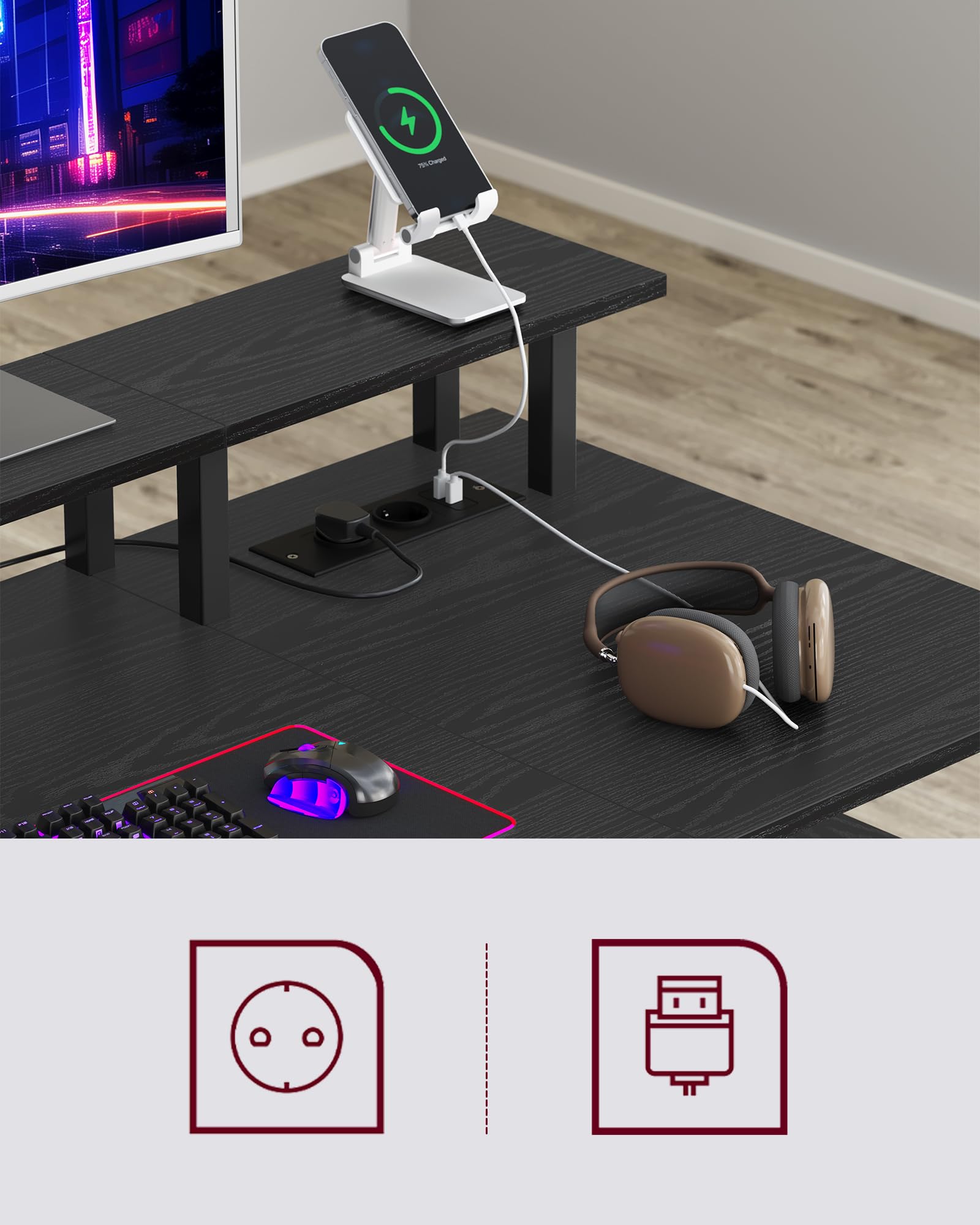 VASAGLE Biurko do gier z szufladami z tkaniny, stół komputerowy ze stojakiem na ekran, listwa zasilająca, 2 porty USB, do domowego biura, 120 x 60 cm, czarny drewno LWD093B01V1