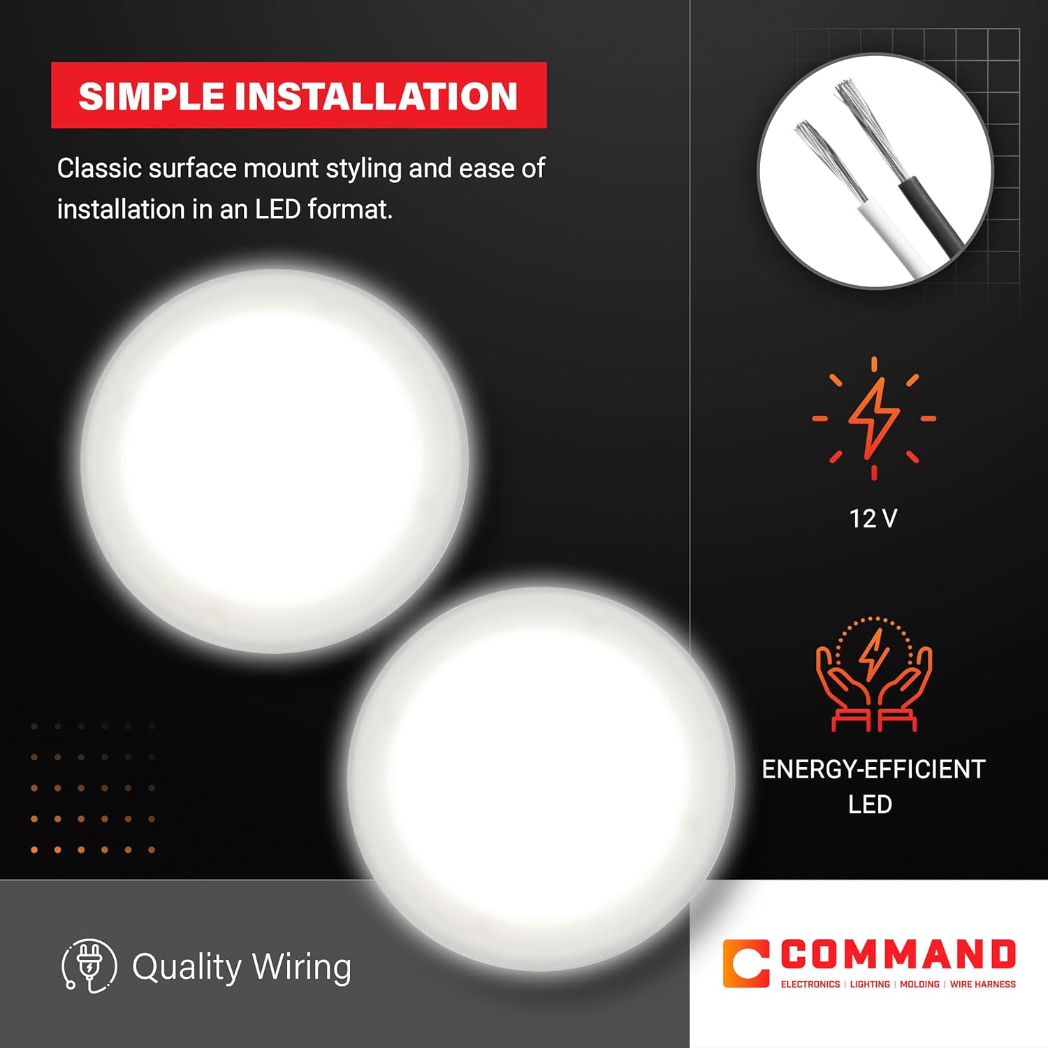Command Electronics OEM 12V LED RV Low Profile Surface Mount Ceiling Light - Made in USA - Durable Design - Hardware & Connectors Included - 4.5 Inch Diameter for Compact Spaces | White (2 Pack)