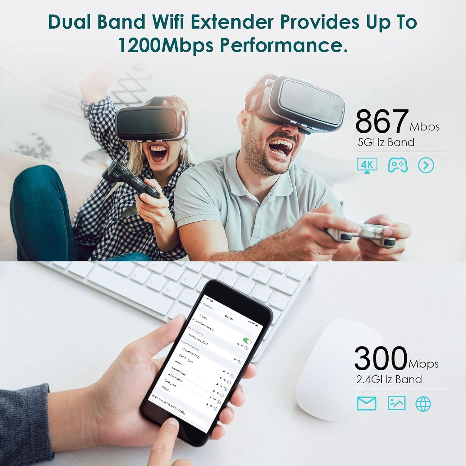 rockspace WiFi Range Extender Covers Up to 2640 sq.ft. and 20 Devices - Dual-Band WiFi Repeater for Home, WiFi Extender Equipped with WPS Button, Ethernet Port, Access Point with Gigabit Port : Electronics