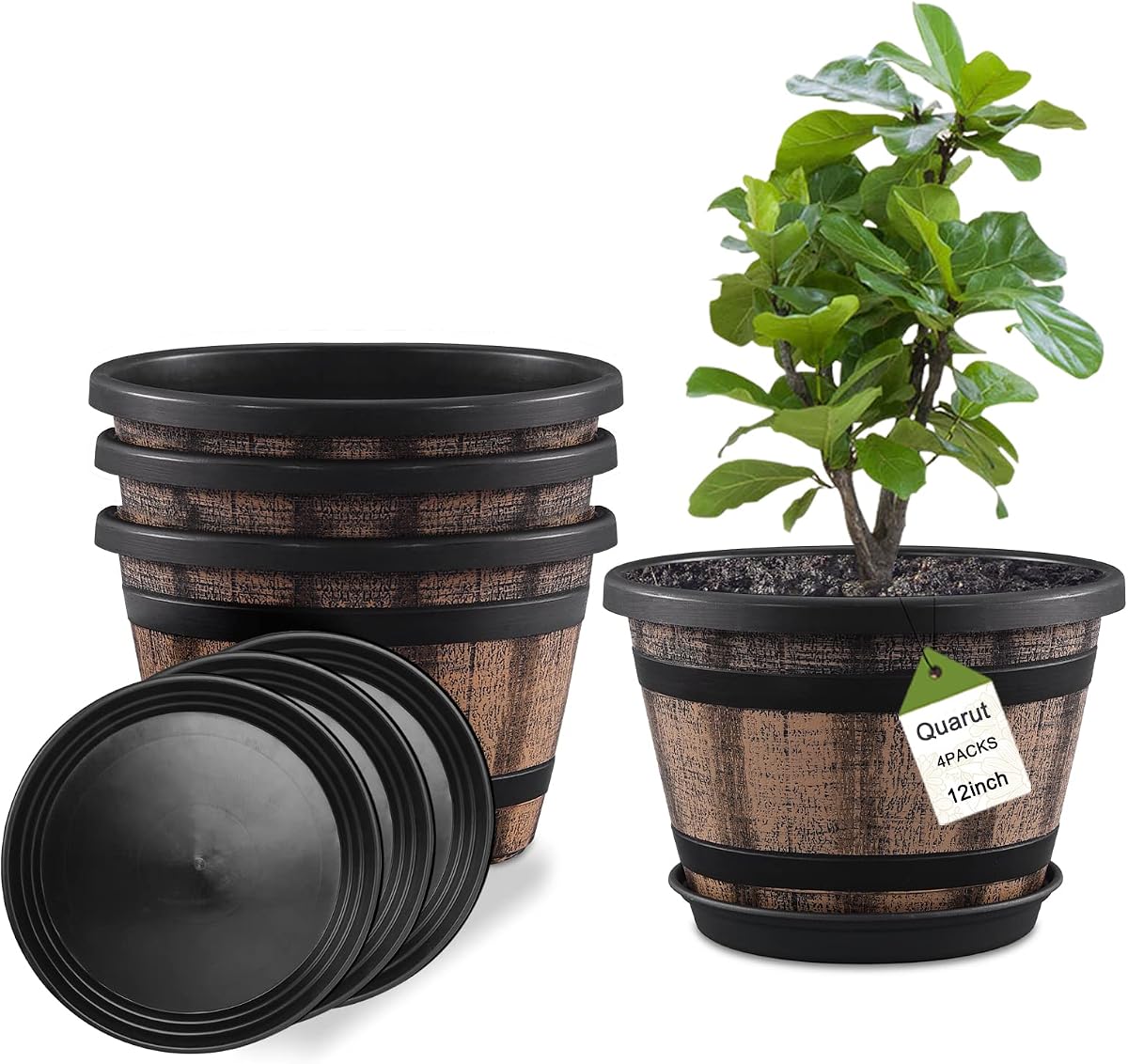 Quarut Juego de 4 macetas de 12.0 in, grandes maceteros de barril de whisky con agujeros de drenaje y platillo. Macetas de plástico con diseño de barril de vino de imitación, para plantas de interior y exterior (marrón)