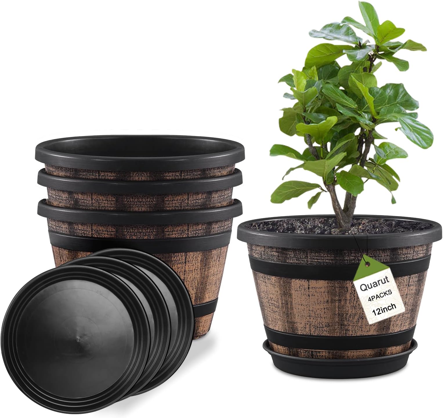 Plant Pots Set of 4 Pack 12 inch,Large Whiskey Barrel Planters with Drainage Holes & Saucer.Plastic Flower Pots Imitation Wine Barrel Design,Canbe for Indoor & Outdoor Garden Home Plants (Brown)