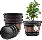 Quarut Plant Pots Set of 4 Pack 12 inch,Large Whiskey Barrel Planters with Drainage Holes & Saucer.Plastic Flower Pots Imitation Wine Barrel Design, for Indoor & Outdoor Garden Home Plants (Brown)