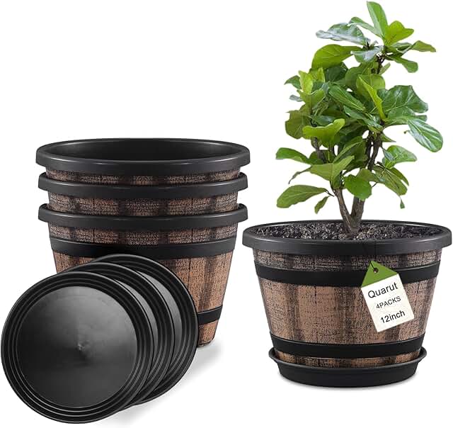 Quarut Plant Pots Set of 4 Pack 12 inch,Large Whiskey Barrel Planters wi...