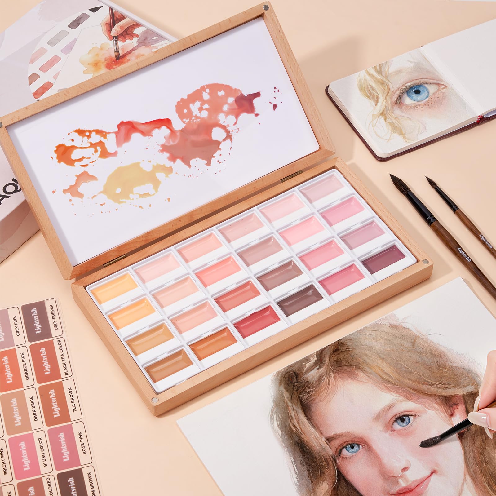 LIGHTWISH 24 Farben halbfeuchtes Aquarellfarben Set in Holzkiste Item Highlights