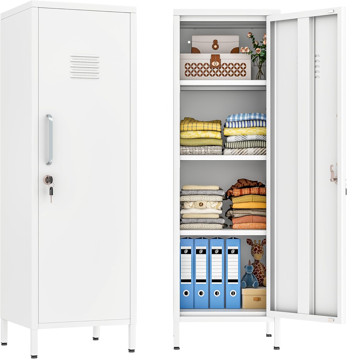 risuoge 47" White Metal Locker Cabinet with Locking Door & 3 Adjustable Shelves - Secure Storage for Garage, Office, Bathroom