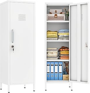 risuoge 47" White Metal Locker Cabinet with Locking Door & 3 Adjustable Shelves - Secure Storage for Garage, Office, Bathroom