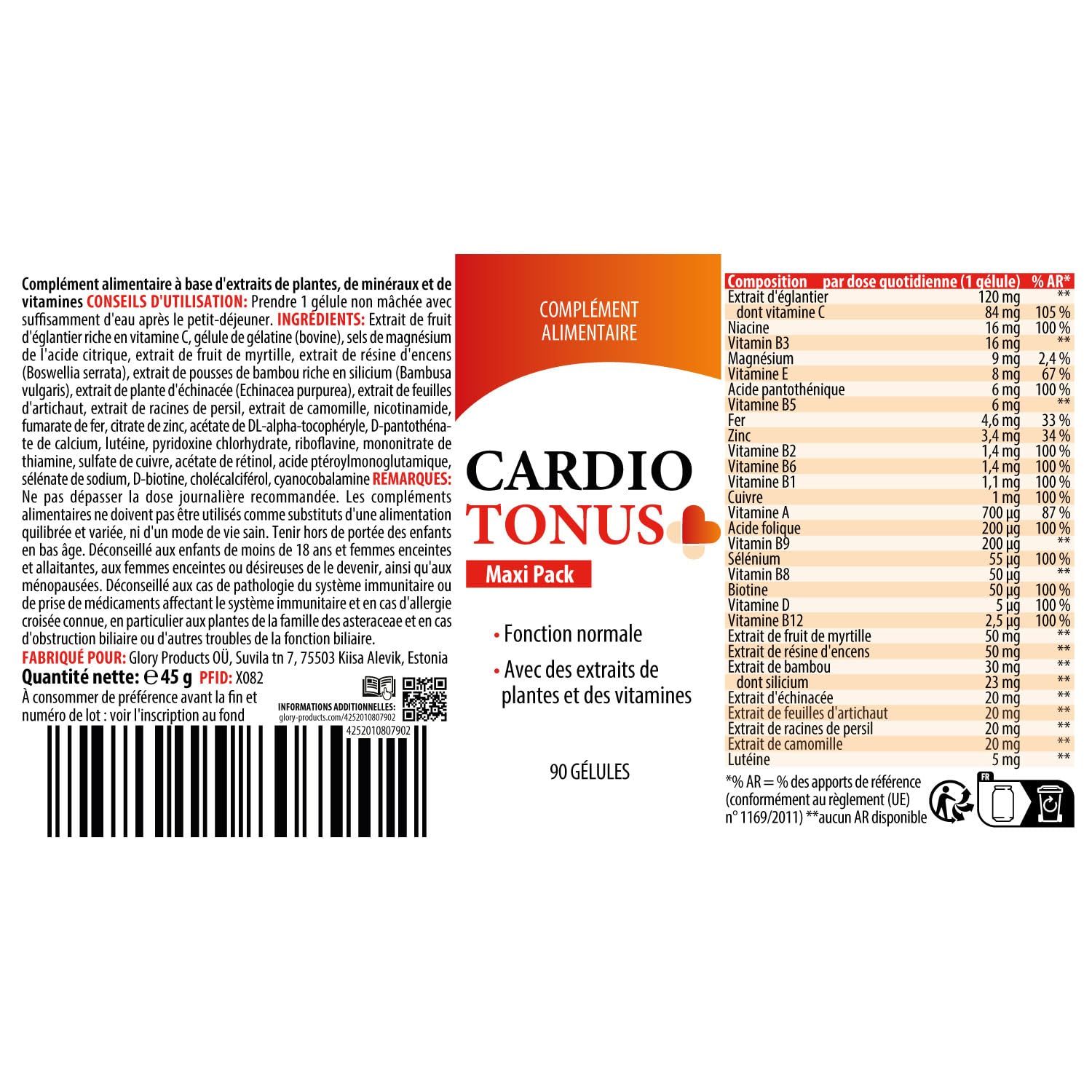 Cardiotonus gélules | Qualité pour hommes et femmes | 90 gélules dans un maxi pack pratique | 1x
