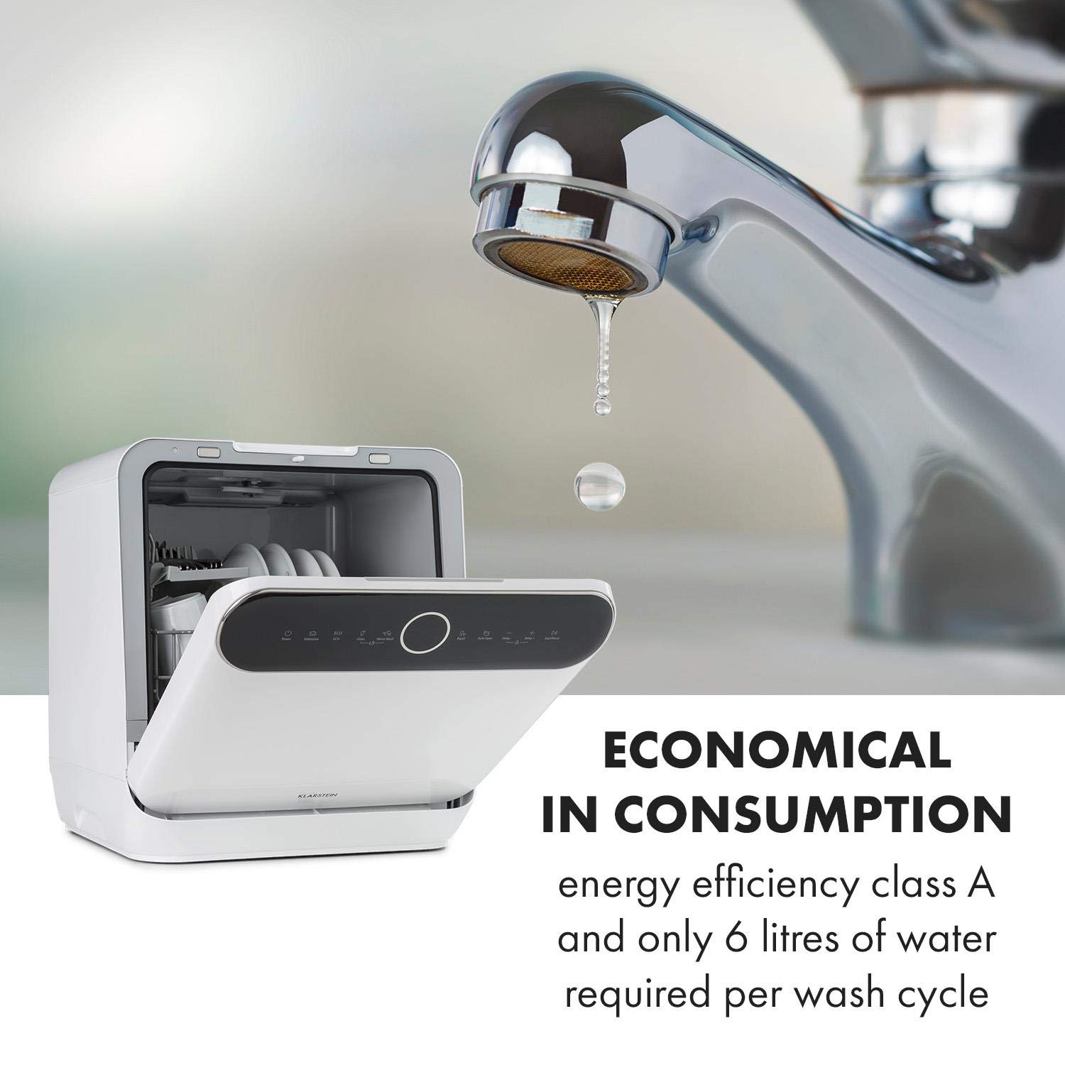 Klarstein Oceana Lavastoviglie da tavolo - Lavastoviglie compatta per 3 coperti, 7 programmi, 6 L di acqua,58db, AquaStop, design portatile