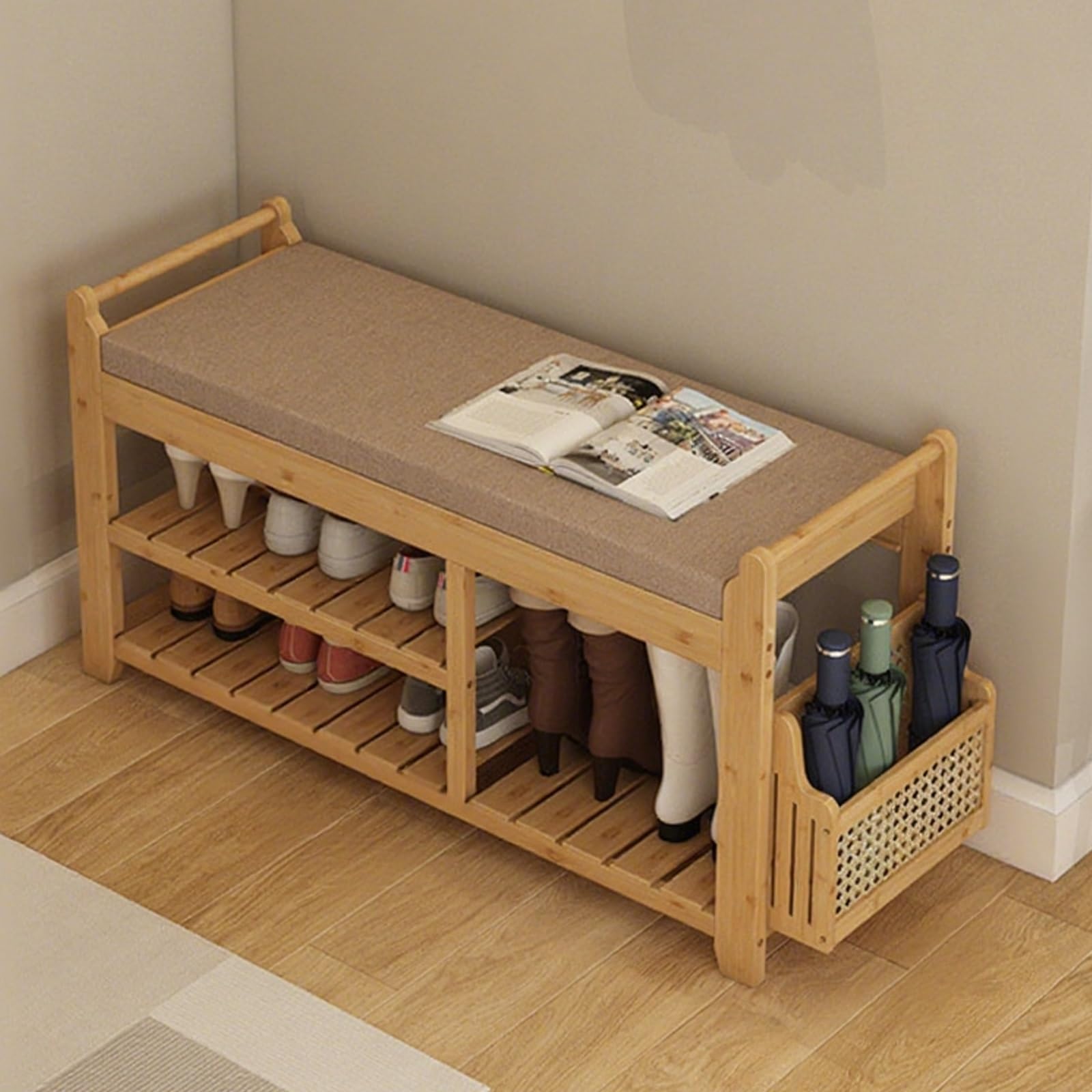 Banc porte-chaussures en bois avec rangement chaussures, assise et porte-parapluie