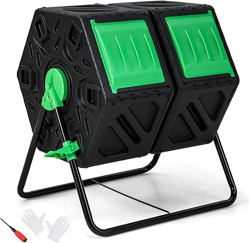 Miniatura 14 de Goplus Contenedor de compostaje giratorio, barril de compost de 43 galones con cámara doble, compostador de tambor con puerta corrediza, guantes,