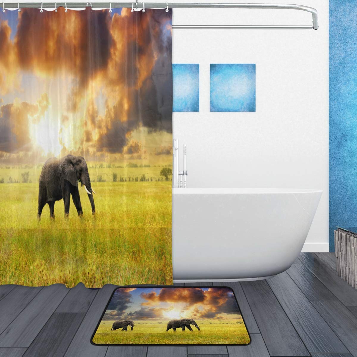 Lot de 2 tapis de bain BKEOY en tissu polyester antidérapant Motif éléphant couchant de soleil Tapis de bain lavable intérieur Décoration de la maison