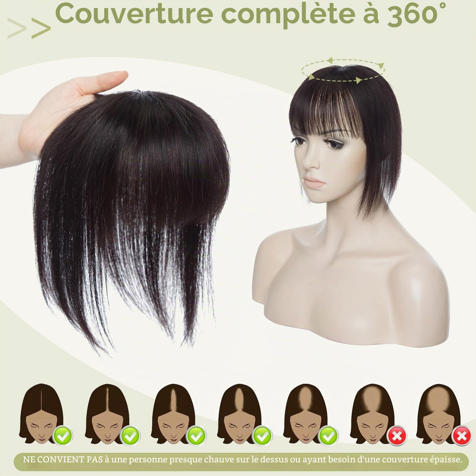 S-noilite Extension de Frange à Clipser en Cheveux Naturels, 47g Vrais Cheveux Naturels, Frange à Clipser sur le Devant, Postiches en Cheveu Humains pour Femme, 50CM Noir Naturel #1B