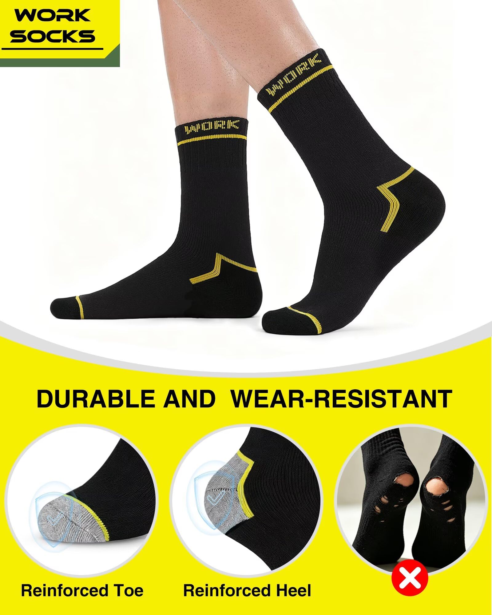 FALARY Bambù Calze da Lavoro Uomo (6 Paia) Calzini Spugna Neri Work Socks | 80% Bambù Fibre, Traspirante, Antibatterico, Adatto ai Lavoratori Manuali, Rinforzate Tallone e Punta, Durevole e Resistente
