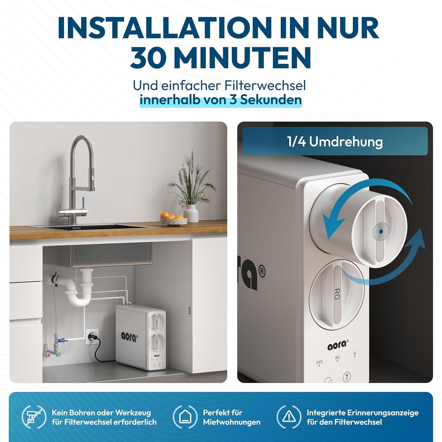 AORA GT600 Odwrócona osmoza podblatowa – beczkowy filtr do wody pitnej – 8-stopniowa filtracja system RO – 3-drożny kran – 3-sekundowa wymiana filtra – osmoza woda czysta | NORA Matt