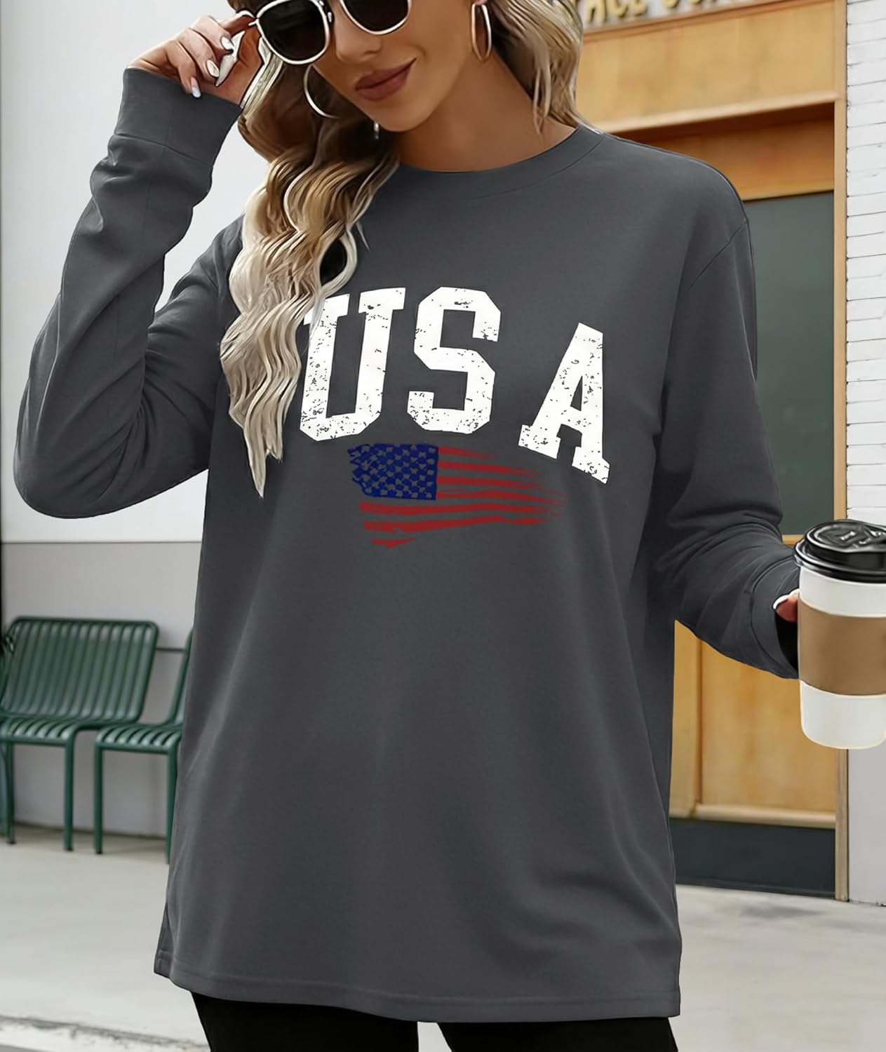 KESIHAN Women USA American Flag Shirt Long Sleeve Graphic Tees for Women Casual Crew Neck Top - Image 3