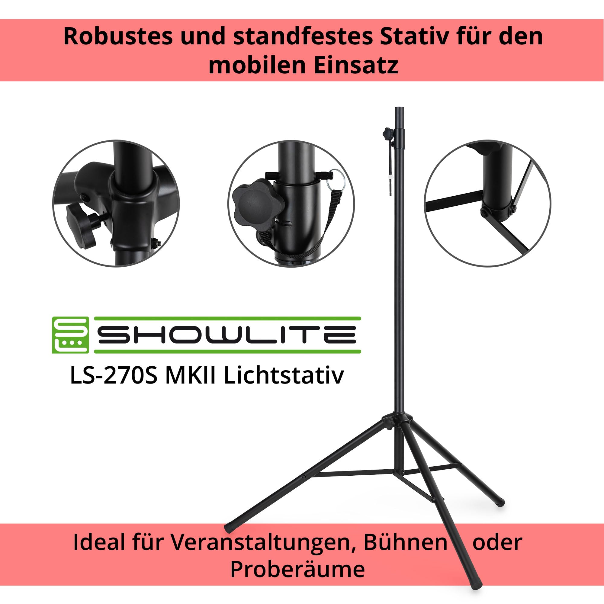 Showlite LS-270S Supporto Per Luci 2,7 m Set Da 2 - Estraibile Facilmente - Portata Massima: 50 kg - Estraibile Da 1,5 A 2,7 m - Diametro Tubo: 35 mm Ø - Materiale: Acciaio - Nero