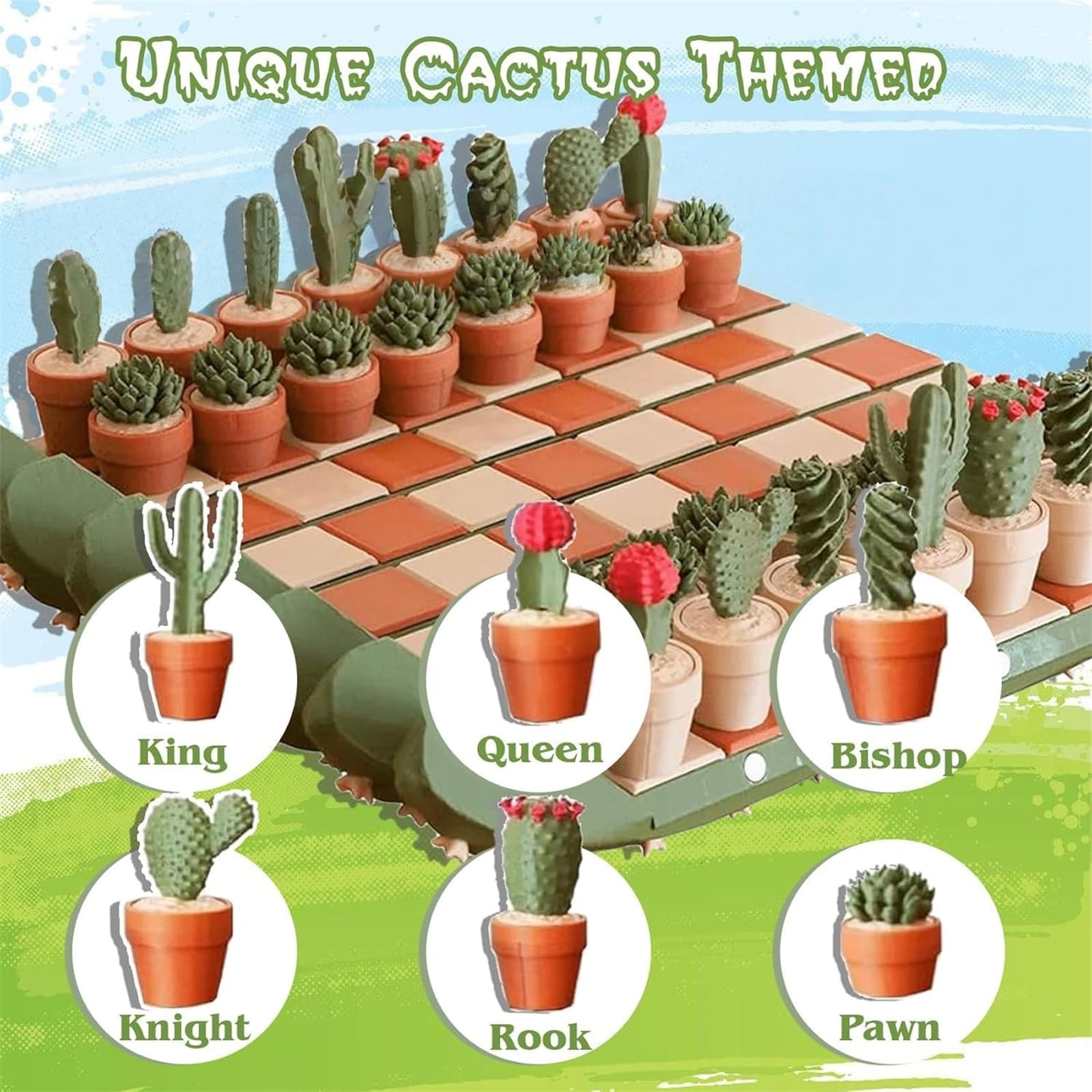 3D Printed 32PCS Cactus Chess Board Set, Magnetisches Kaktus‑Schachspiel, Schachbrett im Sukkulenten‑Design, Geschenk für Kinder und Erwachsene