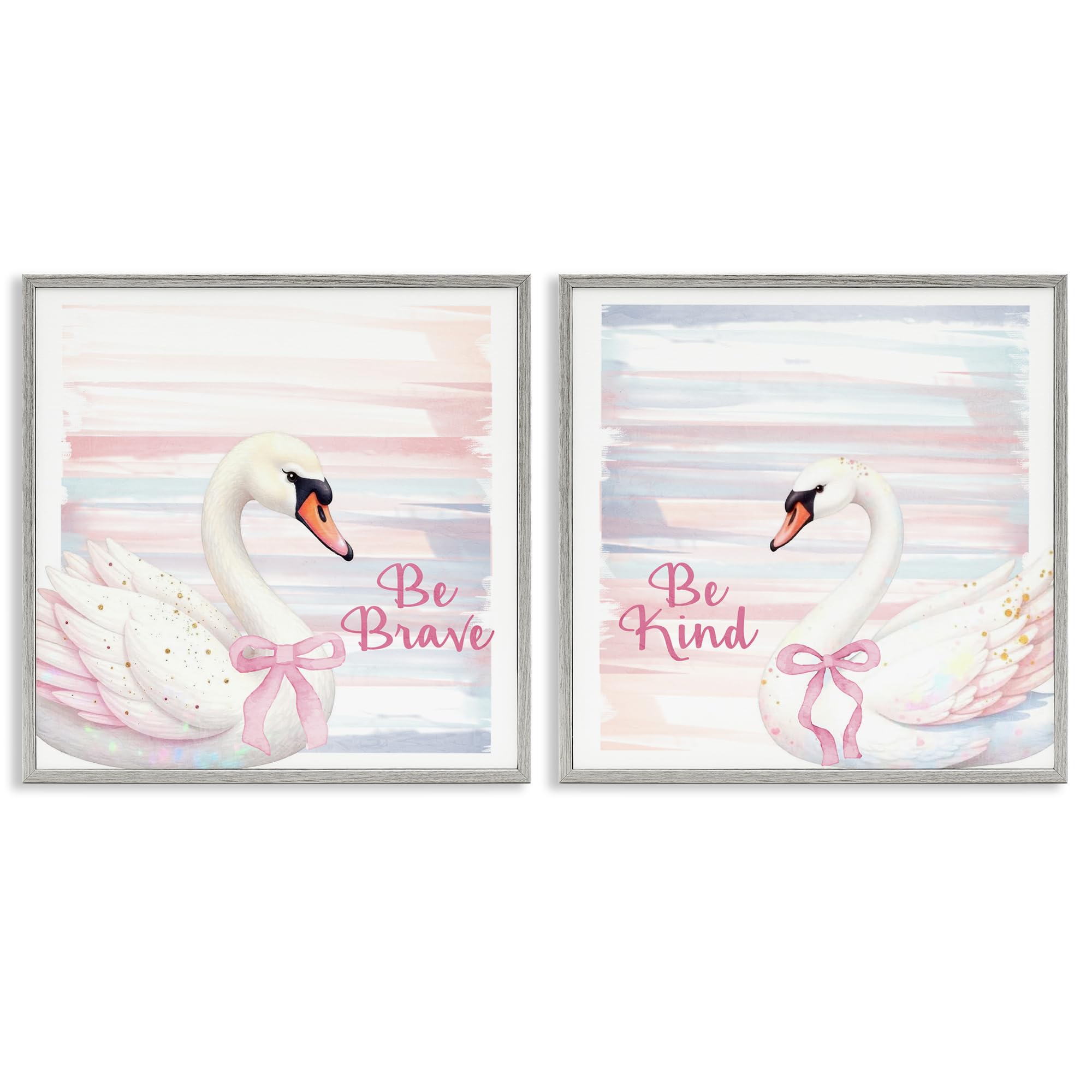 Stupell Industries Be Brave & Kind Pastel Swan 2 Piece Gray Framed Giclee Art Set, design by Kim Allen, 24 x 24