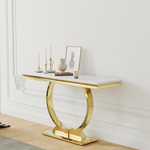 Miniatura 3 de Mesa consola Asday dorada, mesa de entrada de 50 pulgadas en blanco y oro glam con base en forma de U, mesa de entrada dorada pulida con parte