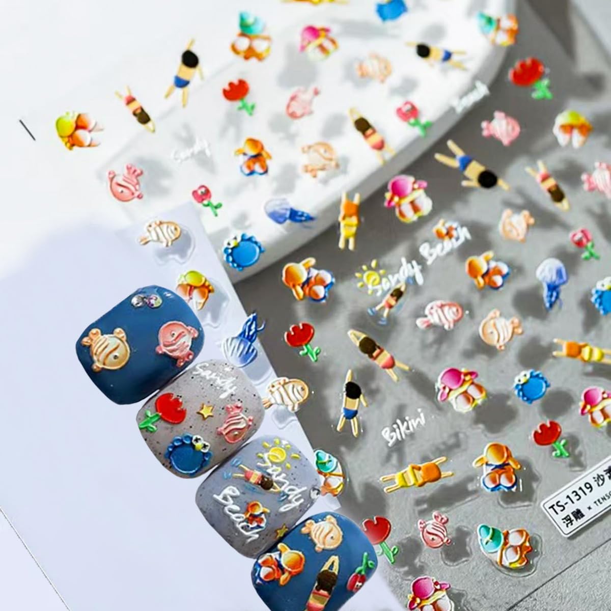 5D Embossed Summer Nail Stickers Colorful Cartoon Nail Art Decals Fish Crab Nail Stickers for Nail Art Self Adhesive Cute Swimming Design Manicure Supplies Charm for Women DIY Decorations Accessories