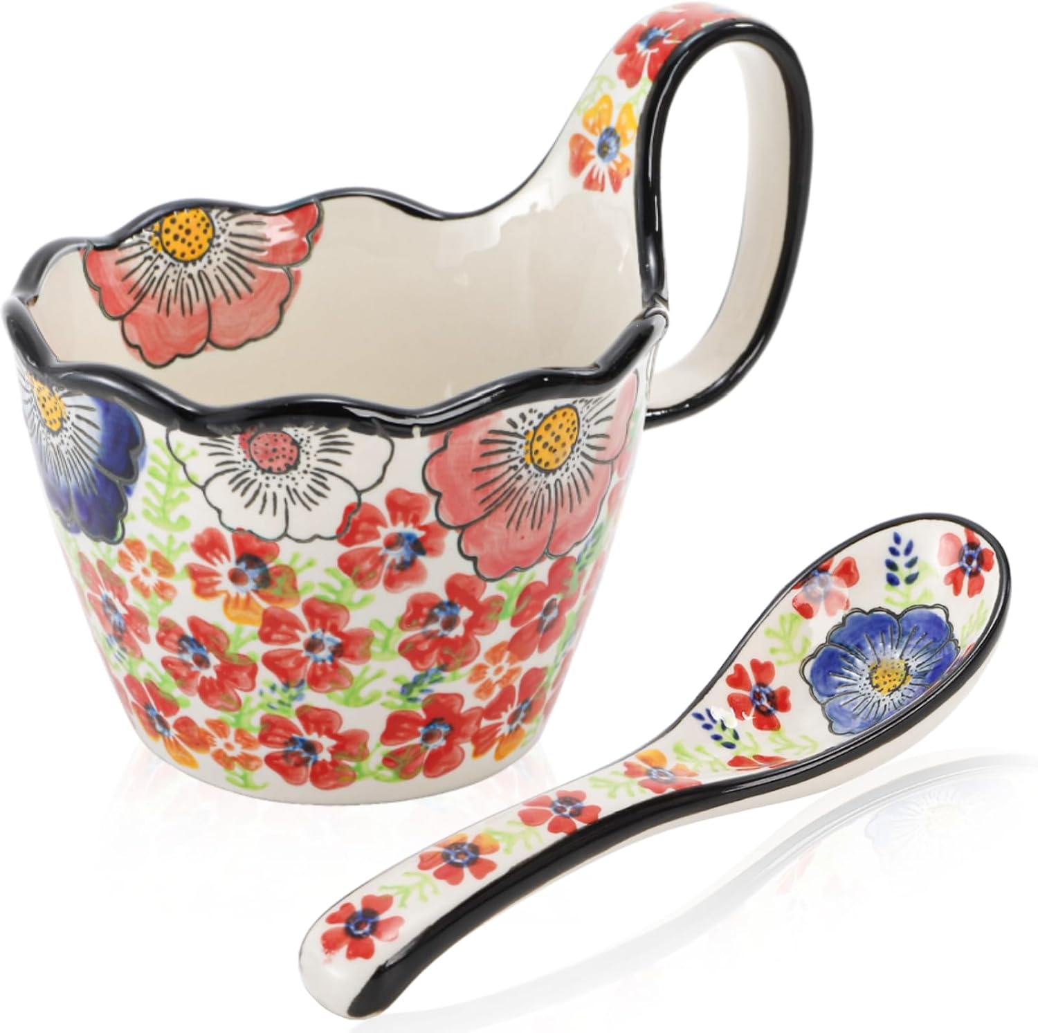 15oz Microwavable Soup Bowl with Loop Handle, Handpainted Ceramic Cereal Bowl with Spoon, Decorative Floral Soup Mug with Wide Handle for Oatmeal Holding Ice Cream Stew Snacks, Glazed Red