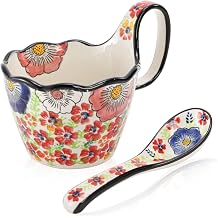 15oz Microwavable Soup Bowl with Loop Handle, Handpainted Ceramic Cereal Bowl with Spoon, Decorative Floral Soup Mug with Wide Handle for Oatmeal Holding Ice Cream Stew Snacks, Glazed Red