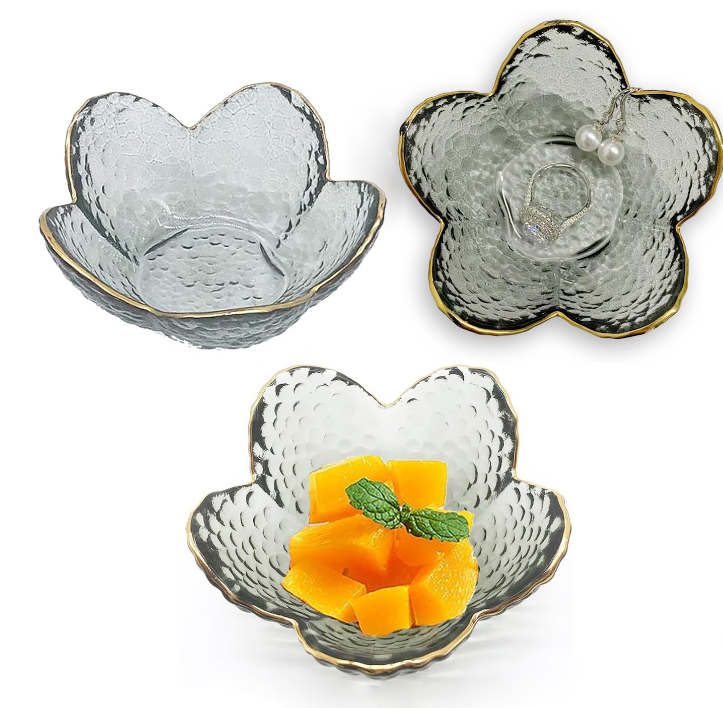 PIPITA 3 Pieces Transparency Cherry Blossoms Dessert Bowls Spice Bowl Sauce Bowls Glass Dip Bowls Mini Crystal Bowls for Ice Cream Dessert Snack Ketchup, Soy Sauce, Vinegar