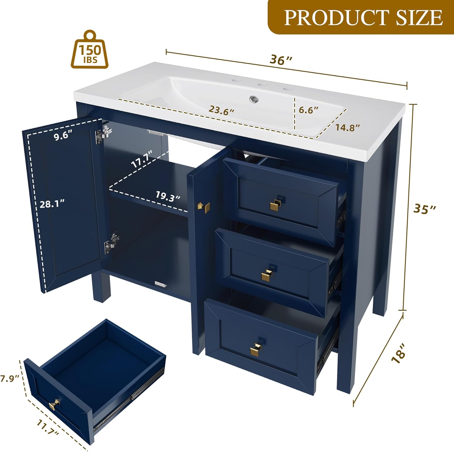Incomplete YITAHOME 36\" Bathroom Vanity with Sink Set, Vintage Bathroom Cabinet Vanity with Resin Basin, Extra Large Storage with 2 Soft-Closing Doors & 3 Drawers, Navy Blue