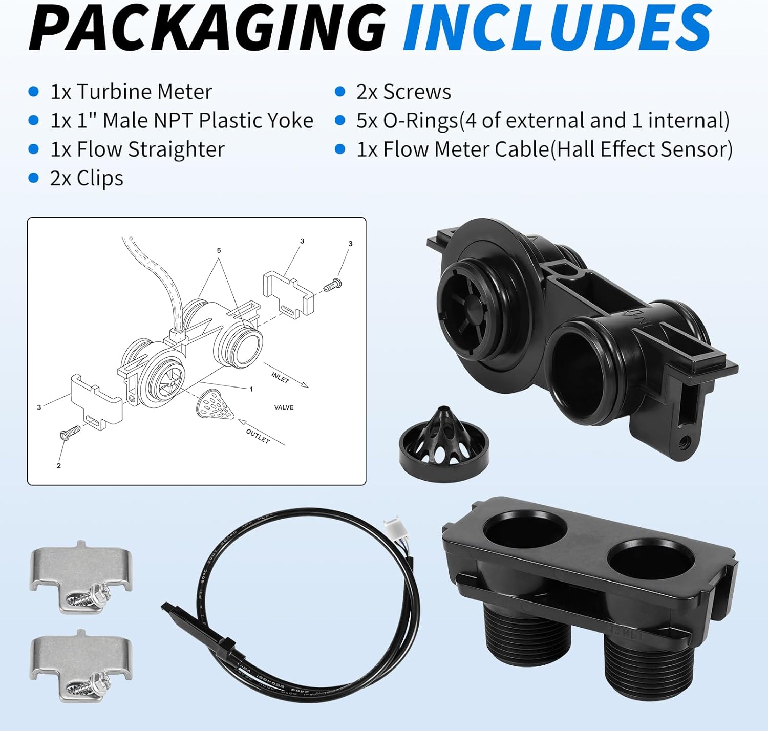60626 Electronic Turbine Meter Assembly with 1" NPT Plastic Yoke,Compatible with Pentair Fleck 2510,5600SXT,5000,5800,6700,9000,9100 Water Softeners,with Clip,Screw,Flow Meter Cable