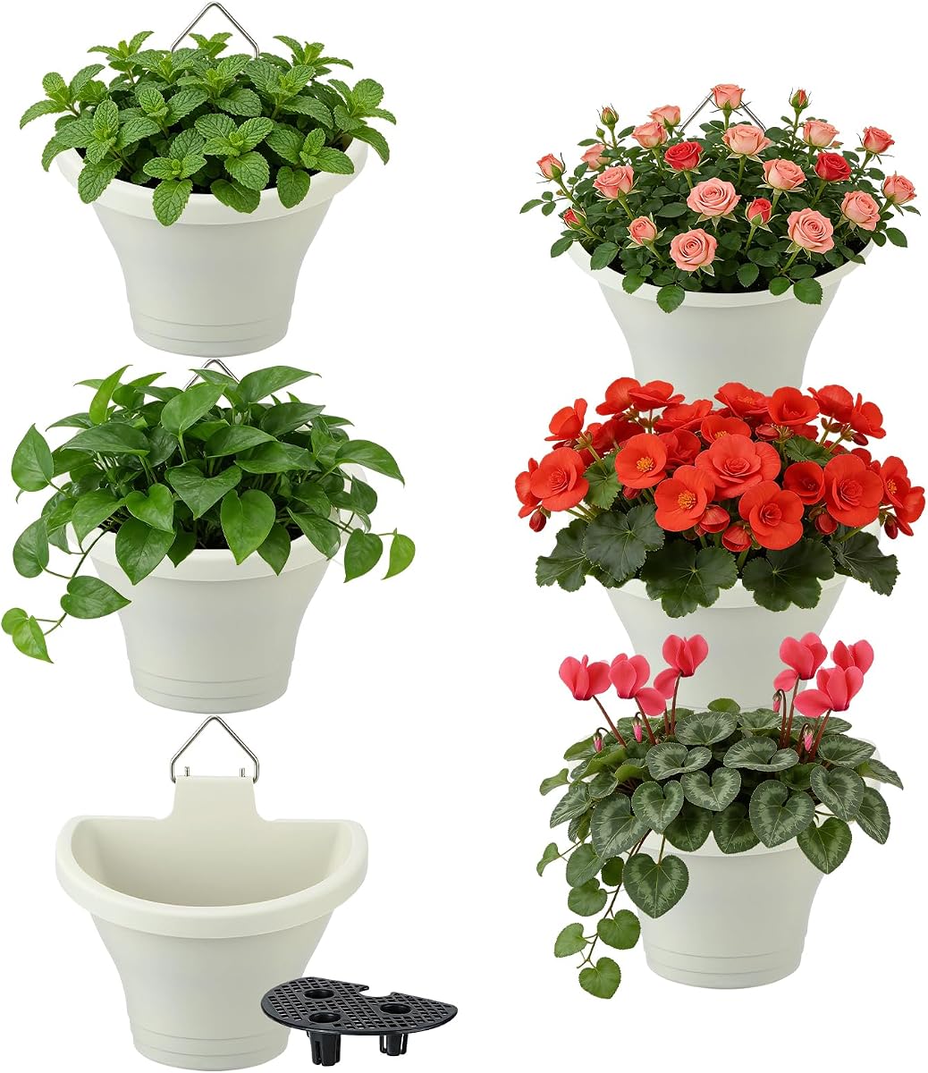 6Pcs Vertical Hanging Planters for Outdoor Plants - Wall Plant Holder for Indoor Decorations Garden Fence, Plastic Flower Pots with Drainage Grid and Hooks (White)