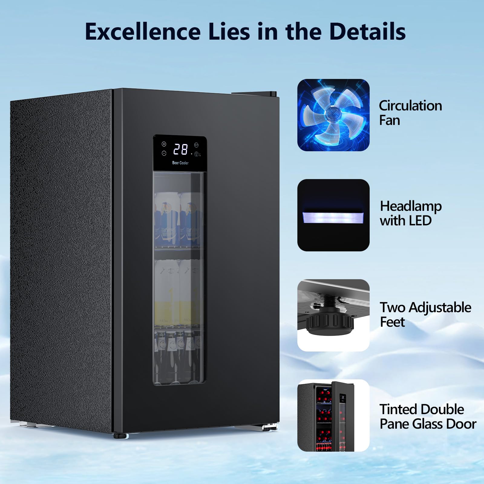 Cowsar 3.2 Cu. Ft. Beverage Refrigerator, 130-Can Beer Cooler With Glass Door, Adjustable Shelves, Digital Temperature Control (20°F–50°F), And LED Lighting For Home, Office & Bar, Black on Fridge.com - View 4